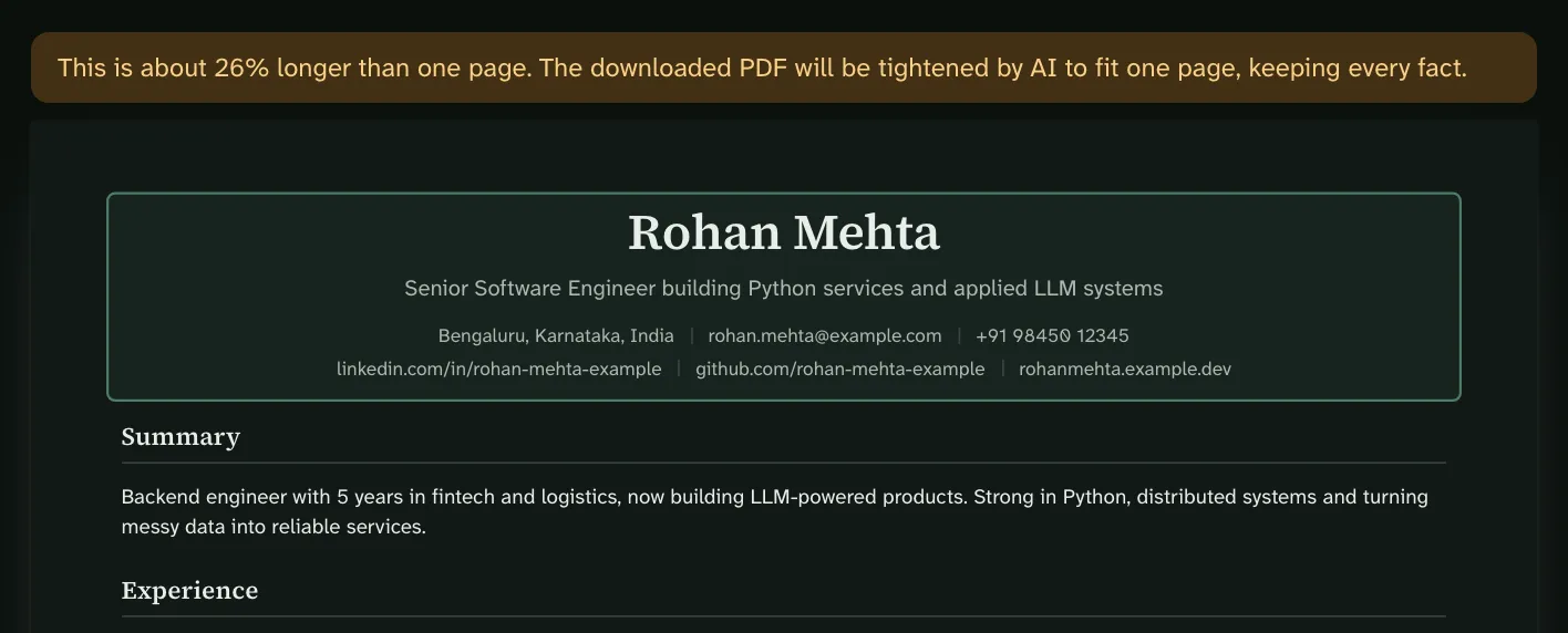 A notice above the resume: “This is about 26% longer than one page. The downloaded PDF will be tightened by AI to fit one page, keeping every fact.”