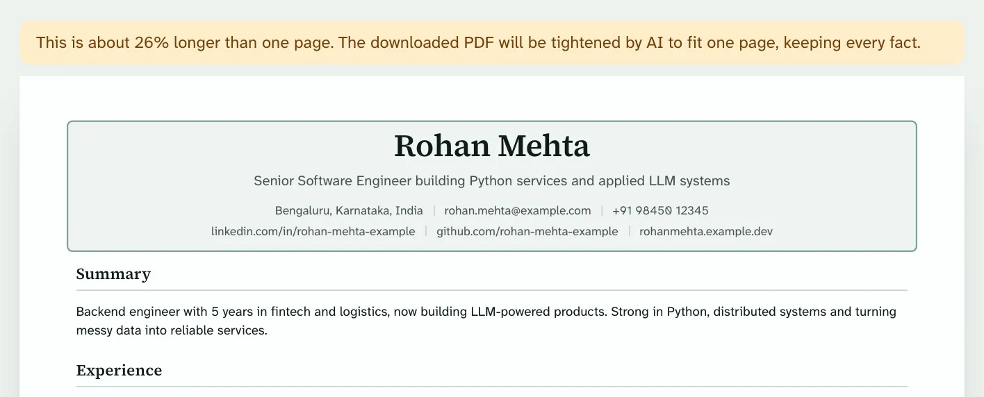 A notice above the resume: “This is about 26% longer than one page. The downloaded PDF will be tightened by AI to fit one page, keeping every fact.”