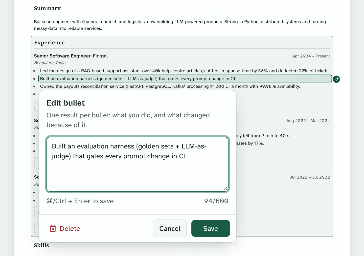 A resume page in TruApply with one experience bullet open in an “Edit bullet” box, ready to change, delete or save.